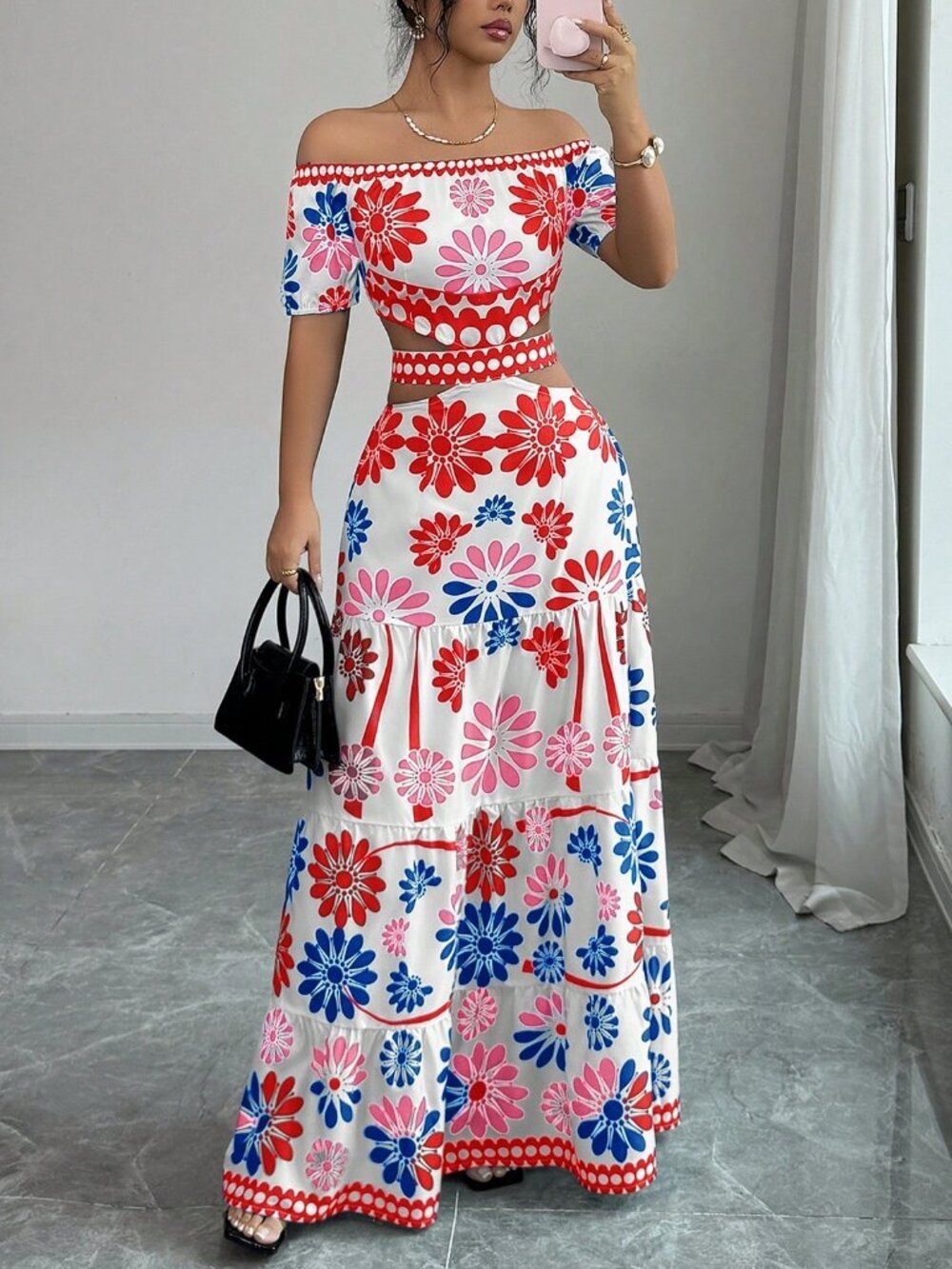 Boho Women's Casual Floral Print Off Shoulder Tie-Waist maxi Dress - Picture 7 of 7
